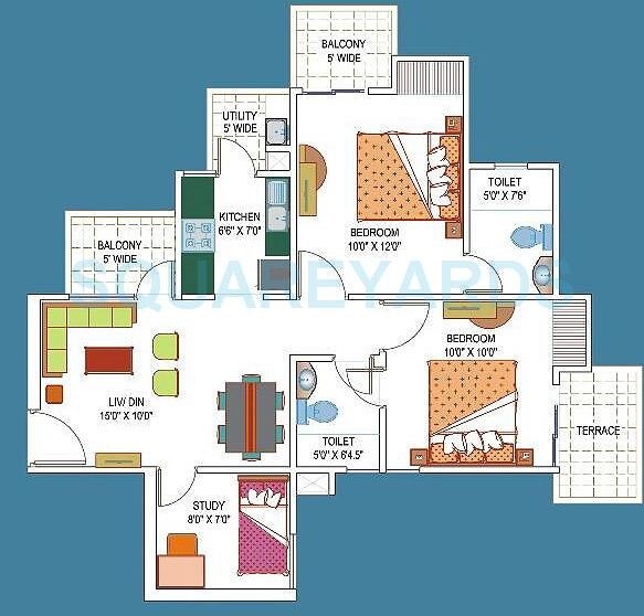 Floor plan of 2 BHK 1010 Sq. Ft. Apartment in La Residentia, Greater Noida
