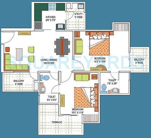 Floor plan of 2 BHK 1085 Sq. Ft. Apartment in La Residentia, Greater Noida