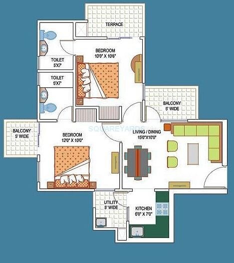 Floor plan of 2 BHK 880 Sq. Ft. Apartment in La Residentia, Greater Noida