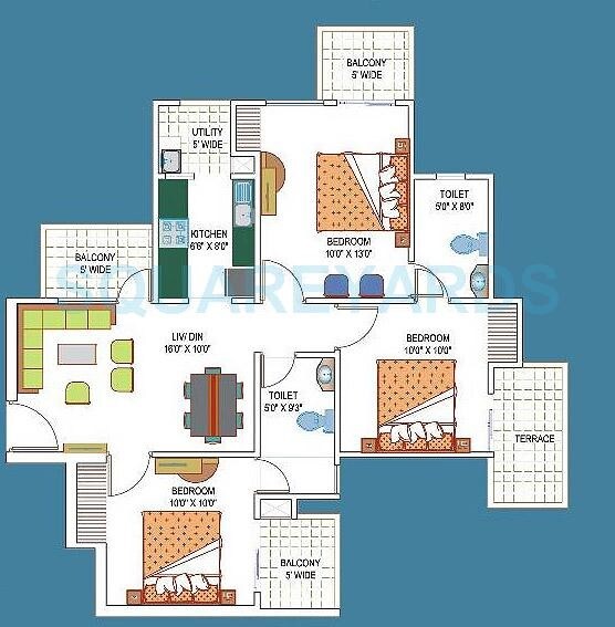 Floor plan of 3 BHK 1170 Sq. Ft. Apartment in La Residentia, Greater Noida