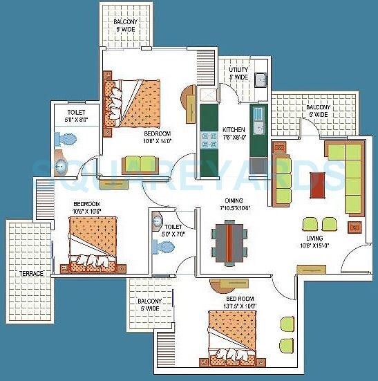 Floor plan of 3 BHK 1395 Sq. Ft. Apartment in La Residentia, Greater Noida