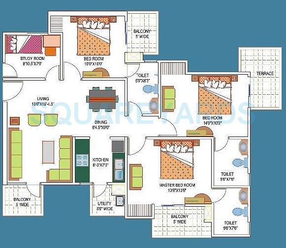 Floor plan of 3 BHK 1545 Sq. Ft. Apartment in La Residentia, Greater Noida