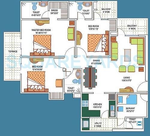 Floor plan of 3 BHK 1705 Sq. Ft. Apartment in La Residentia, Greater Noida