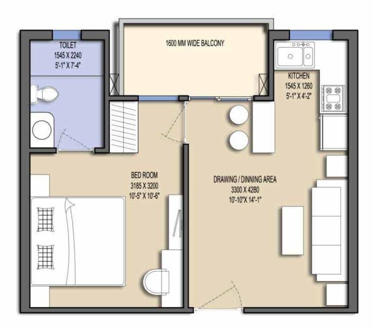 Floor plan of 1 BHK 615 Sq. Ft. Apartment in Le Solitairian City, Greater Noida