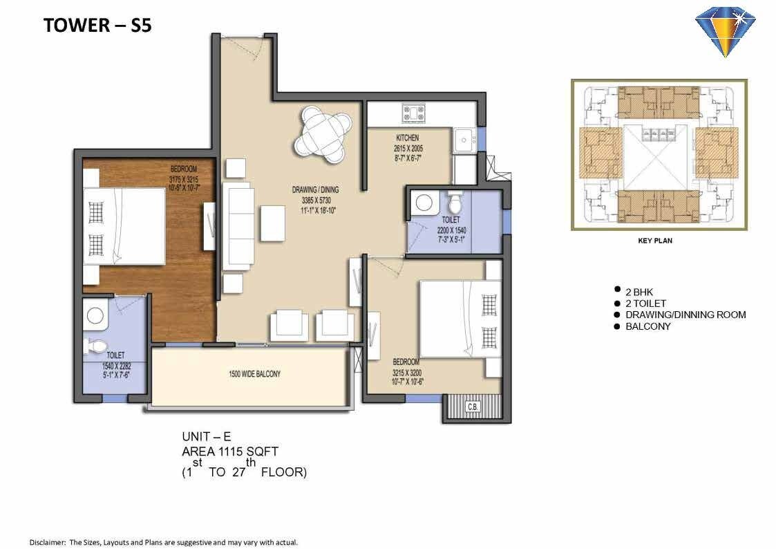 Floor plan of 2 BHK 1115 Sq. Ft. Apartment in Le Solitairian City, Greater Noida