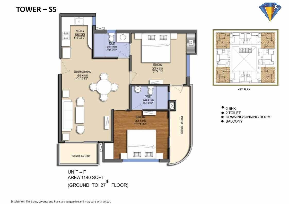 Floor plan of 2 BHK 1140 Sq. Ft. Apartment in Le Solitairian City, Greater Noida