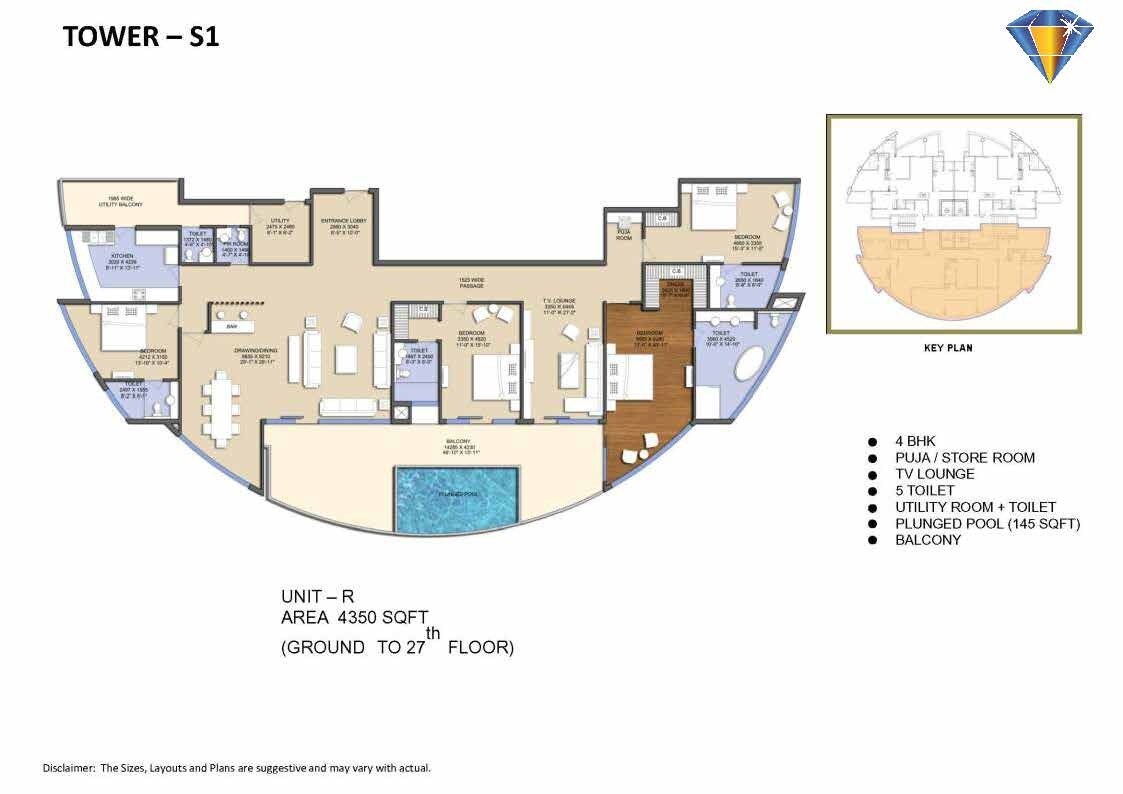 Floor plan of 4 BHK 4350 Sq. Ft. Apartment in Le Solitairian City, Greater Noida