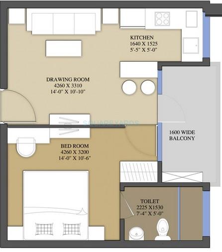 Floor plan of 1 BHK 665 Sq. Ft. Apartment in Le Solitairian City, Greater Noida