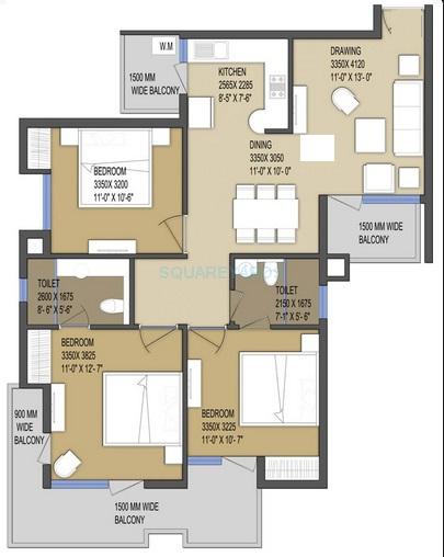 Floor plan of 3 BHK 1425 Sq. Ft. Apartment in Le Solitairian City, Greater Noida