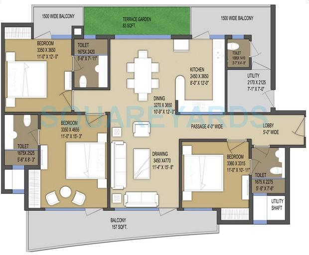 Floor plan of 3 BHK 1850 Sq. Ft. Apartment in Le Solitairian City, Greater Noida