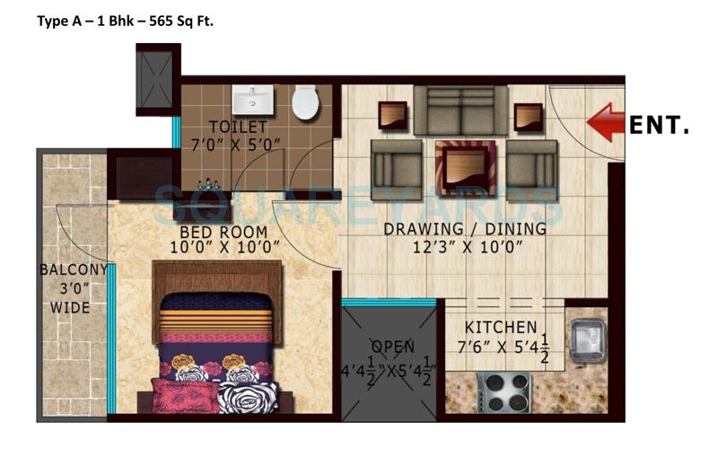 Floor plan of 1 BHK 565 Sq. Ft. Apartment in Lotus Parkk, Greater Noida