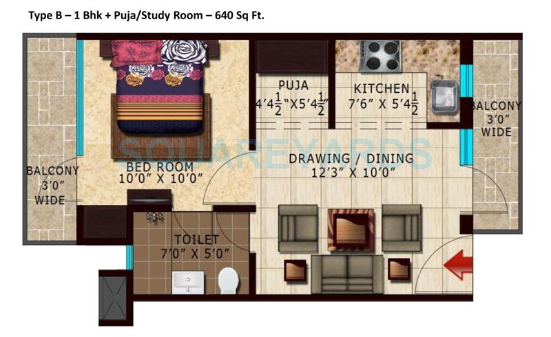 Floor plan of 1 BHK 640 Sq. Ft. Apartment in Lotus Parkk, Greater Noida
