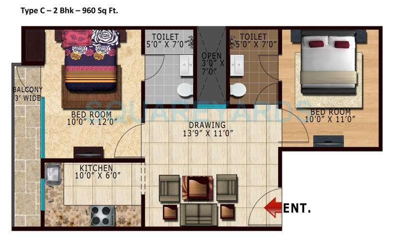 Floor plan of 2 BHK 990 Sq. Ft. Apartment in Lotus Parkk, Greater Noida