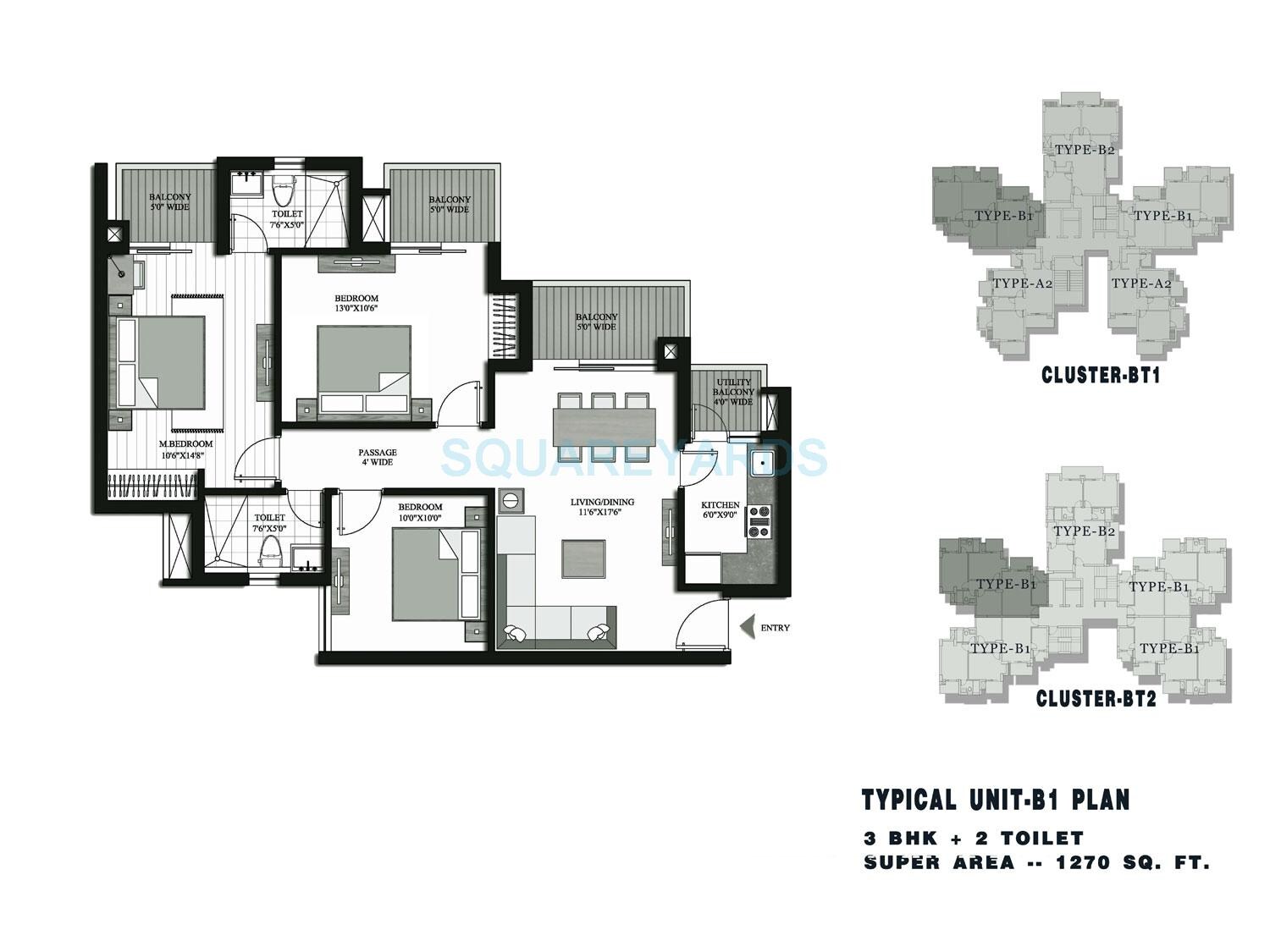 Floor plan of 3 BHK 1270 Sq. Ft. Apartment in Lotus Parkscape, Greater Noida