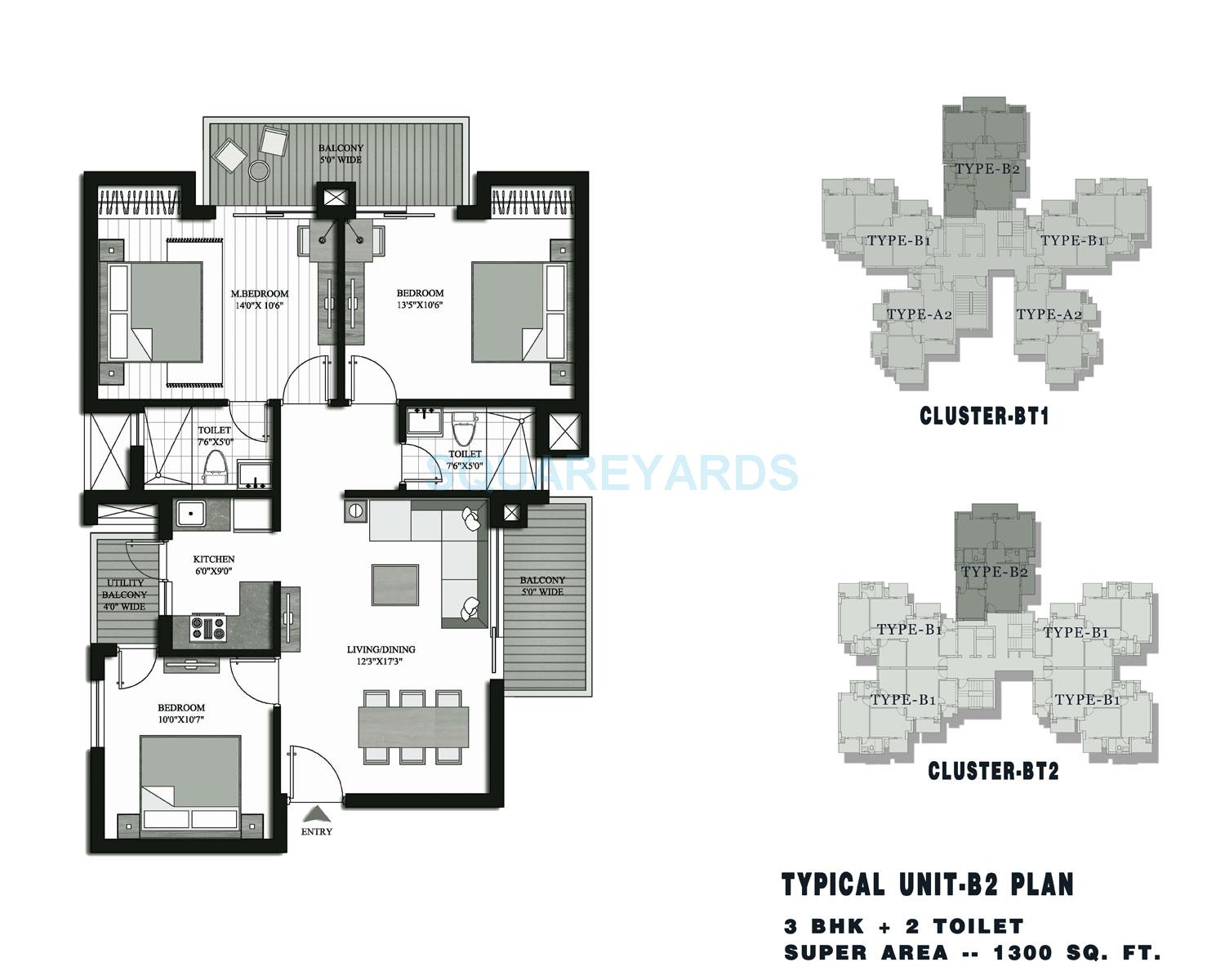Floor plan of 3 BHK 1300 Sq. Ft. Apartment in Lotus Parkscape, Greater Noida