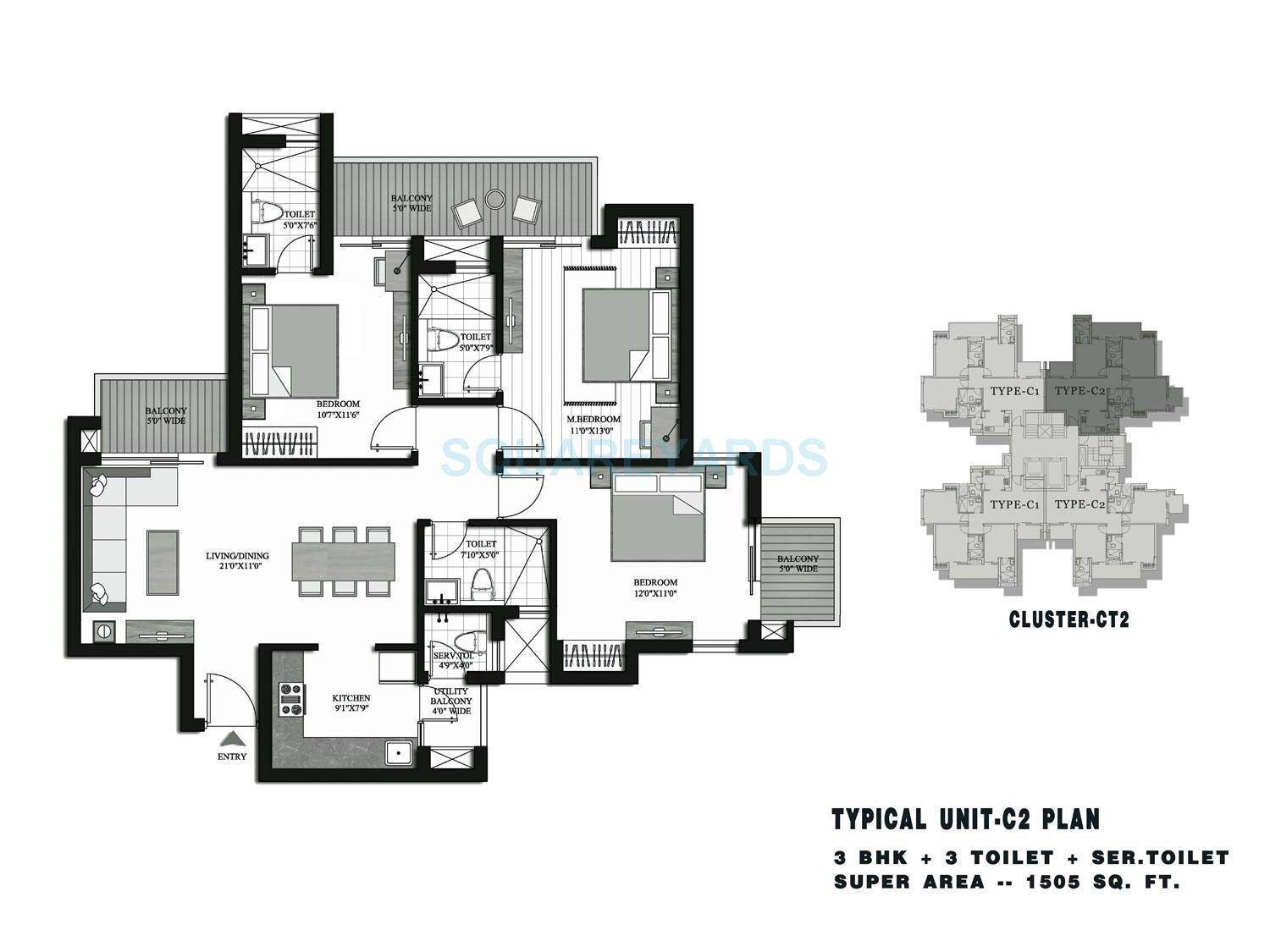 Floor plan of 3 BHK 1505 Sq. Ft. Apartment in Lotus Parkscape, Greater Noida