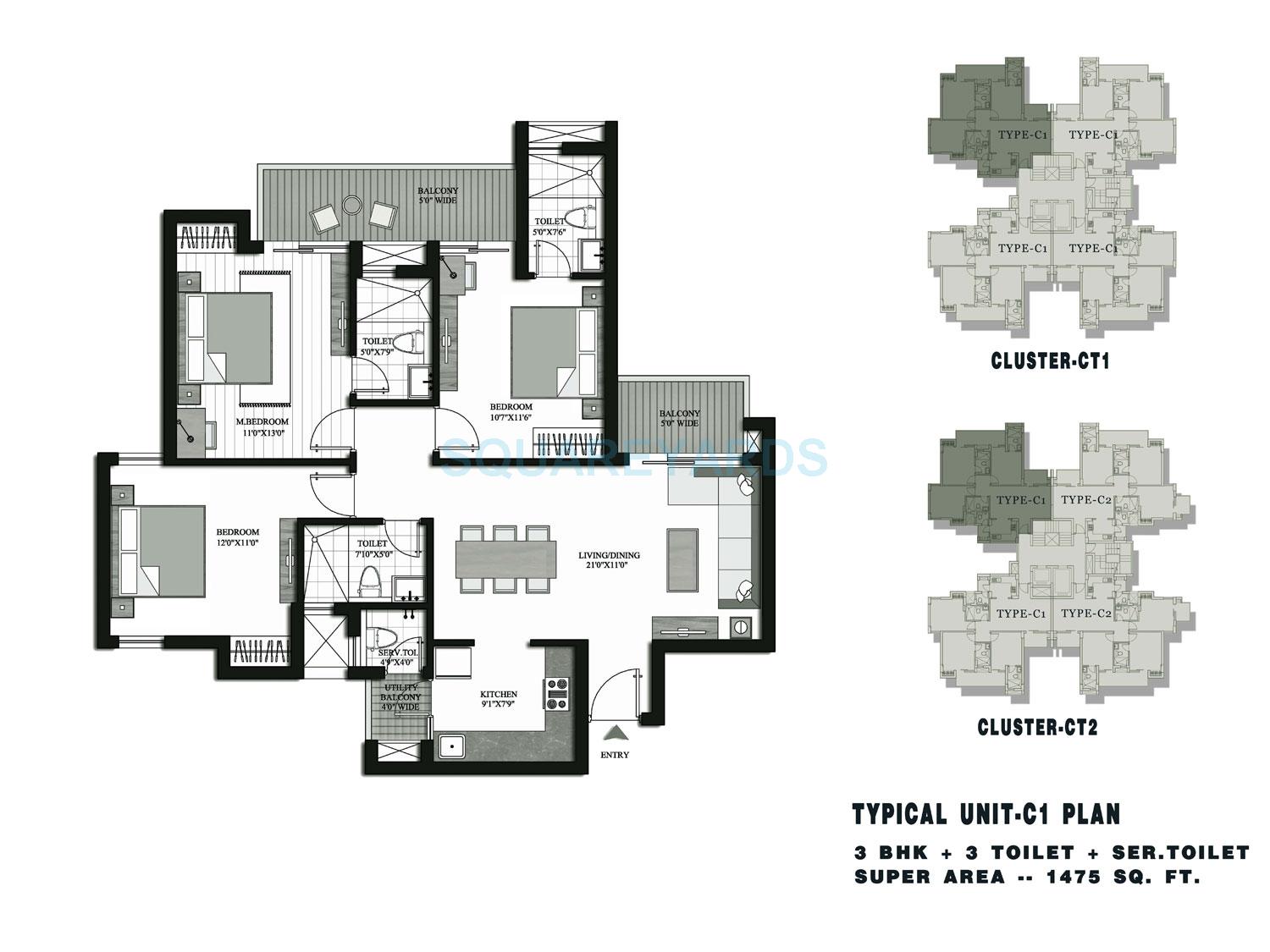 Floor plan of 3 BHK 1475 Sq. Ft. Apartment in Lotus Parkscape, Greater Noida