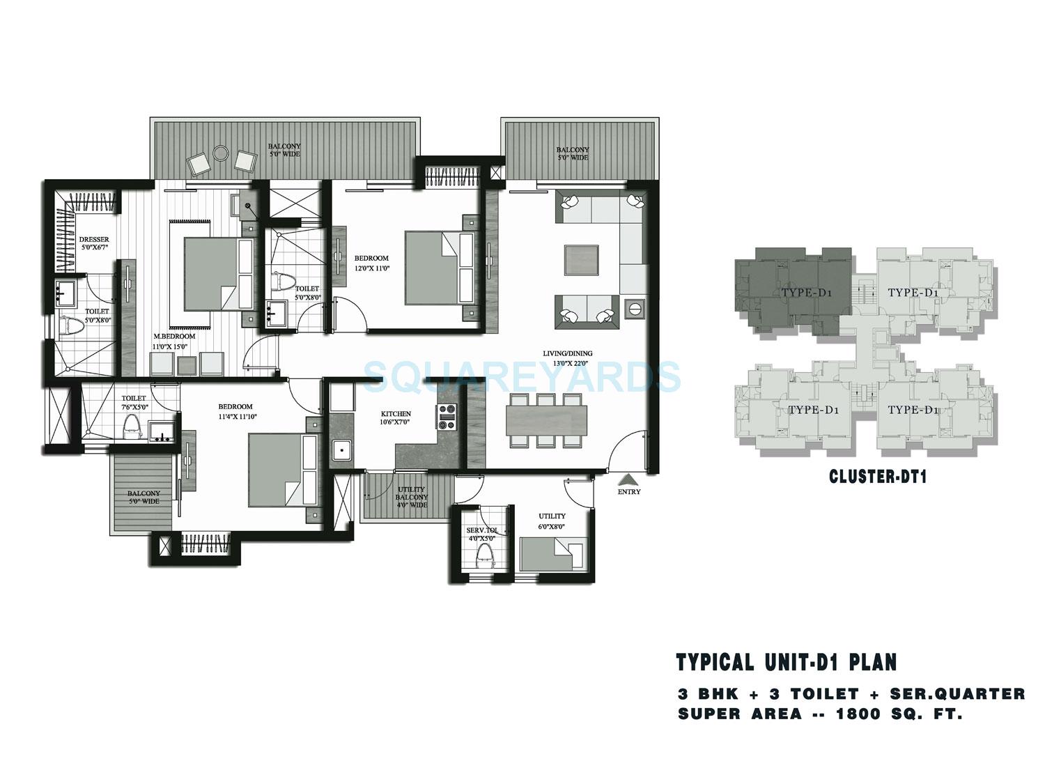 Floor plan of 3 BHK 1800 Sq. Ft. Apartment in Lotus Parkscape, Greater Noida