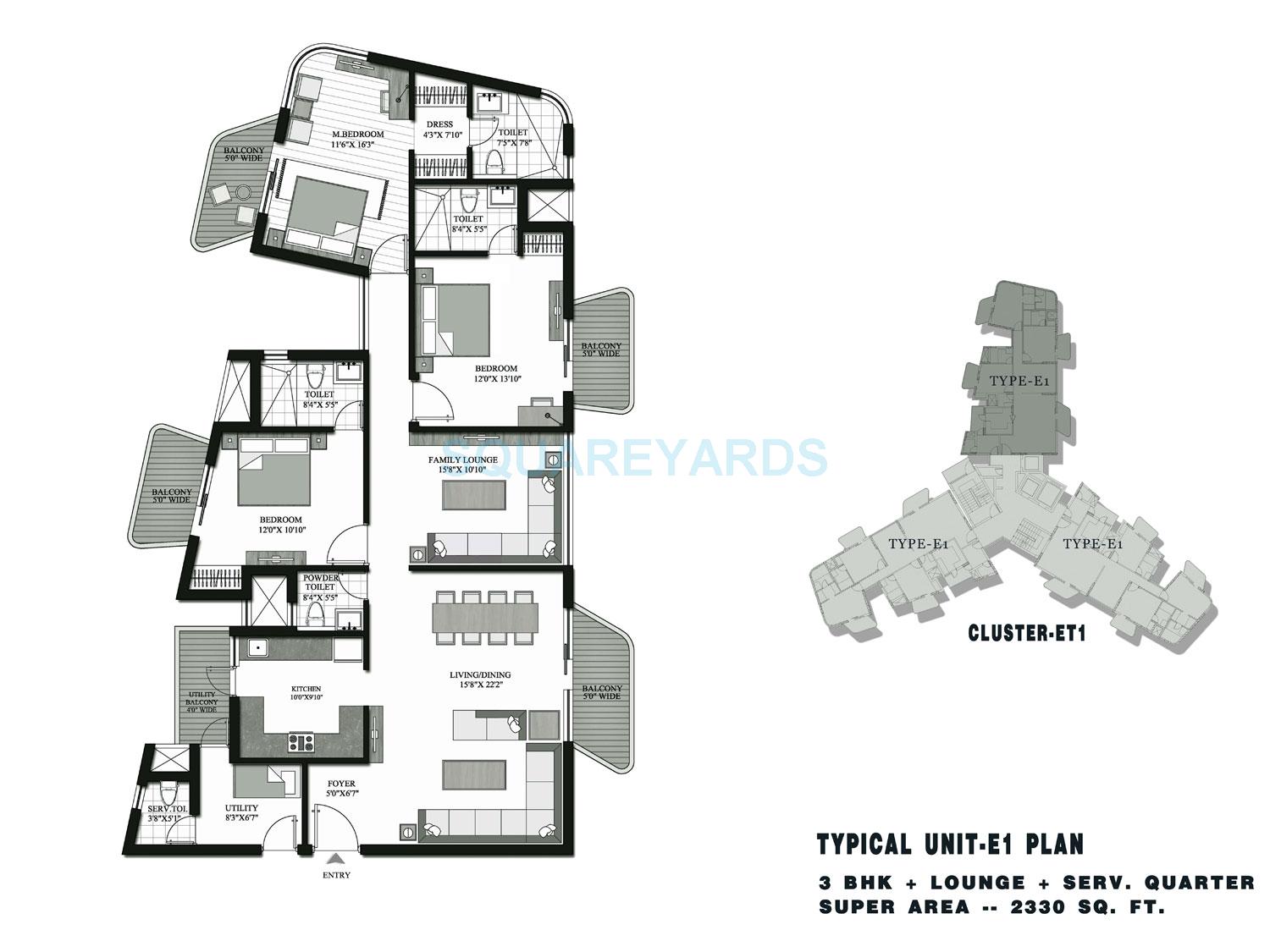 Floor plan of 3 BHK 2330 Sq. Ft. Apartment in Lotus Parkscape, Greater Noida