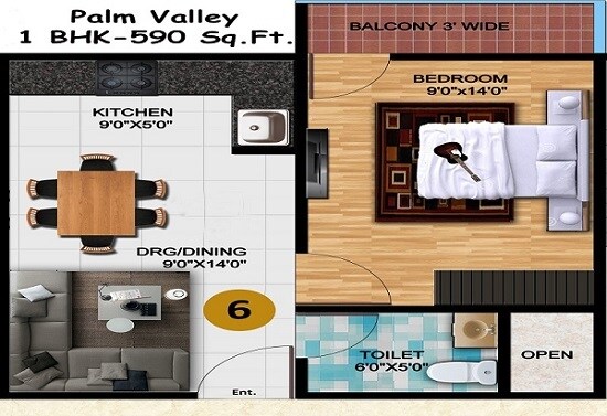 Floor plan of 1 BHK 590 Sq. Ft. Apartment in Lucky The Palm Valley, Greater Noida