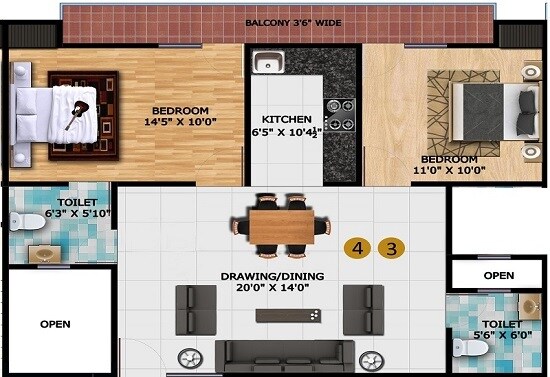 Floor plan of 2 BHK 1125 Sq. Ft. Apartment in Lucky The Palm Valley, Greater Noida