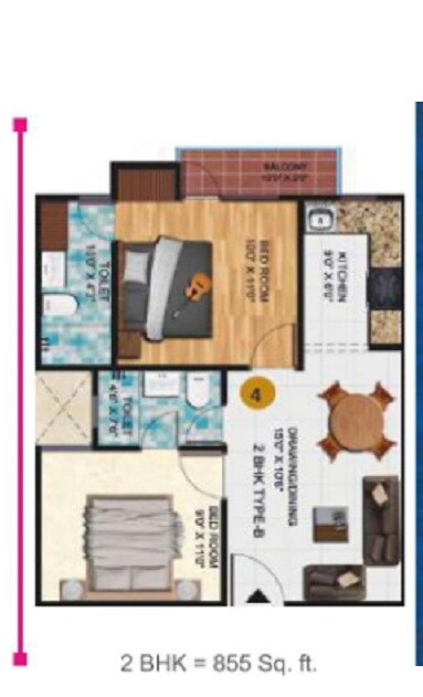 Floor plan of 2 BHK 855 Sq. Ft. Apartment in Lucky The Palm Valley, Greater Noida
