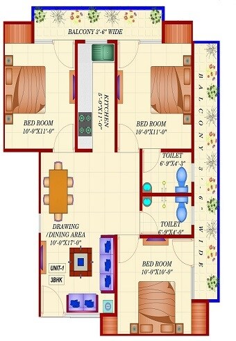 Floor plan of 3 BHK 1325 Sq. Ft. Apartment in Lucky The Palm Valley, Greater Noida
