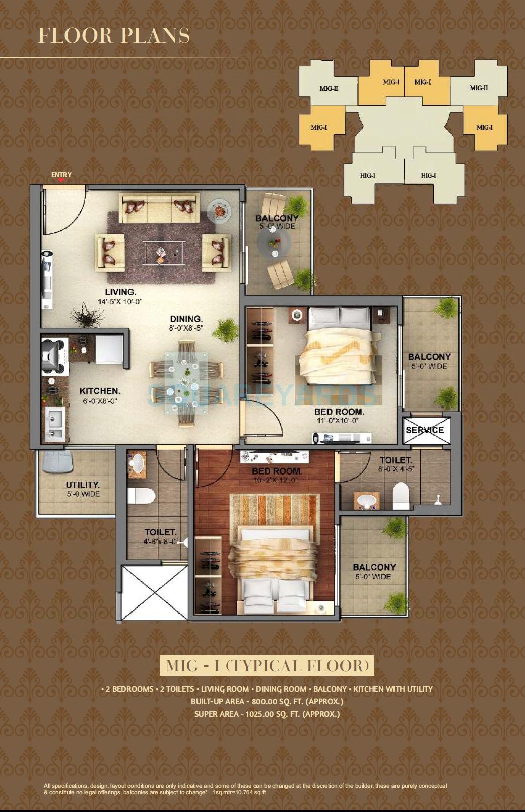 Floor plan of 2 BHK 1025 Sq. Ft. Apartment in Mahagun Mantra I, Greater Noida