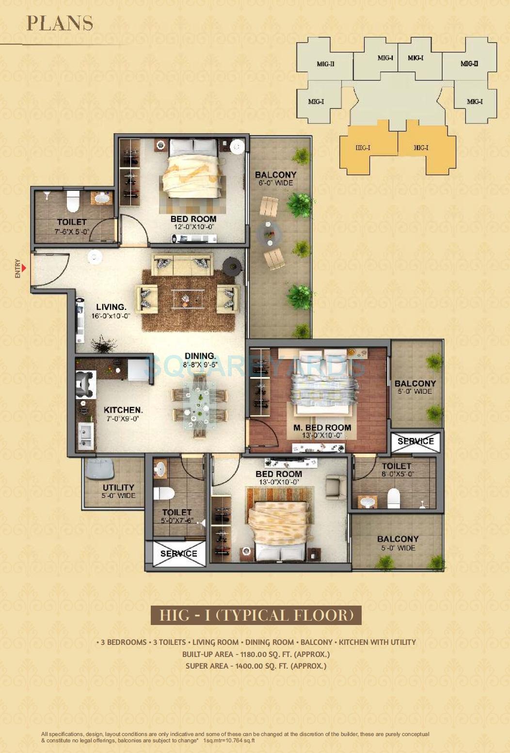 Floor plan of 3 BHK 1400 Sq. Ft. Apartment in Mahagun Mantra I, Greater Noida