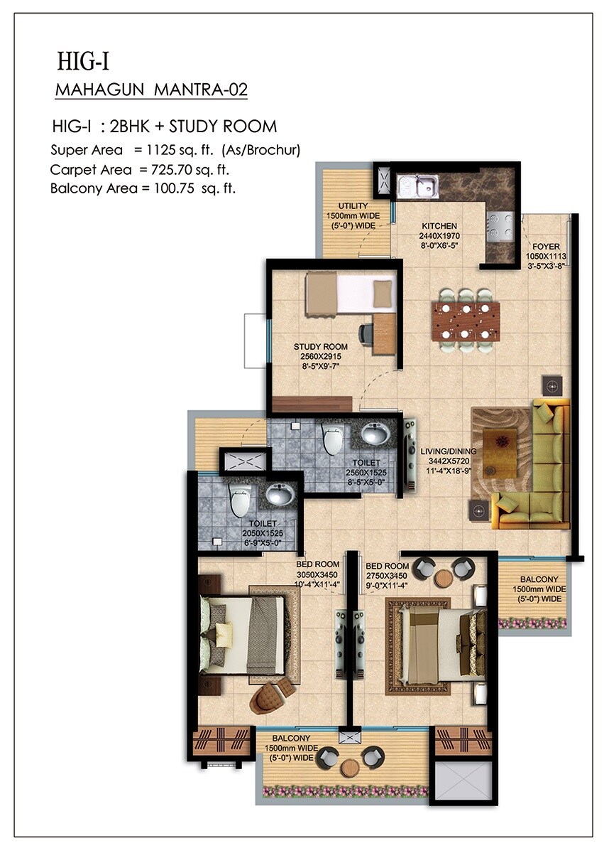 Floor plan of 2 BHK 1125 Sq. Ft. Apartment in Mahagun Mantra II, Greater Noida