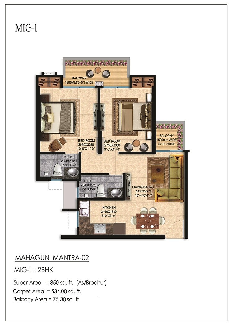 Floor plan of 2 BHK 850 Sq. Ft. Apartment in Mahagun Mantra II, Greater Noida