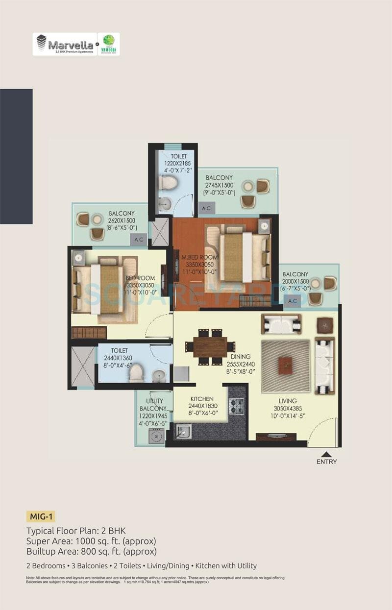 Floor plan of 2 BHK 1000 Sq. Ft. Apartment in Mahagun My Woods, Greater Noida