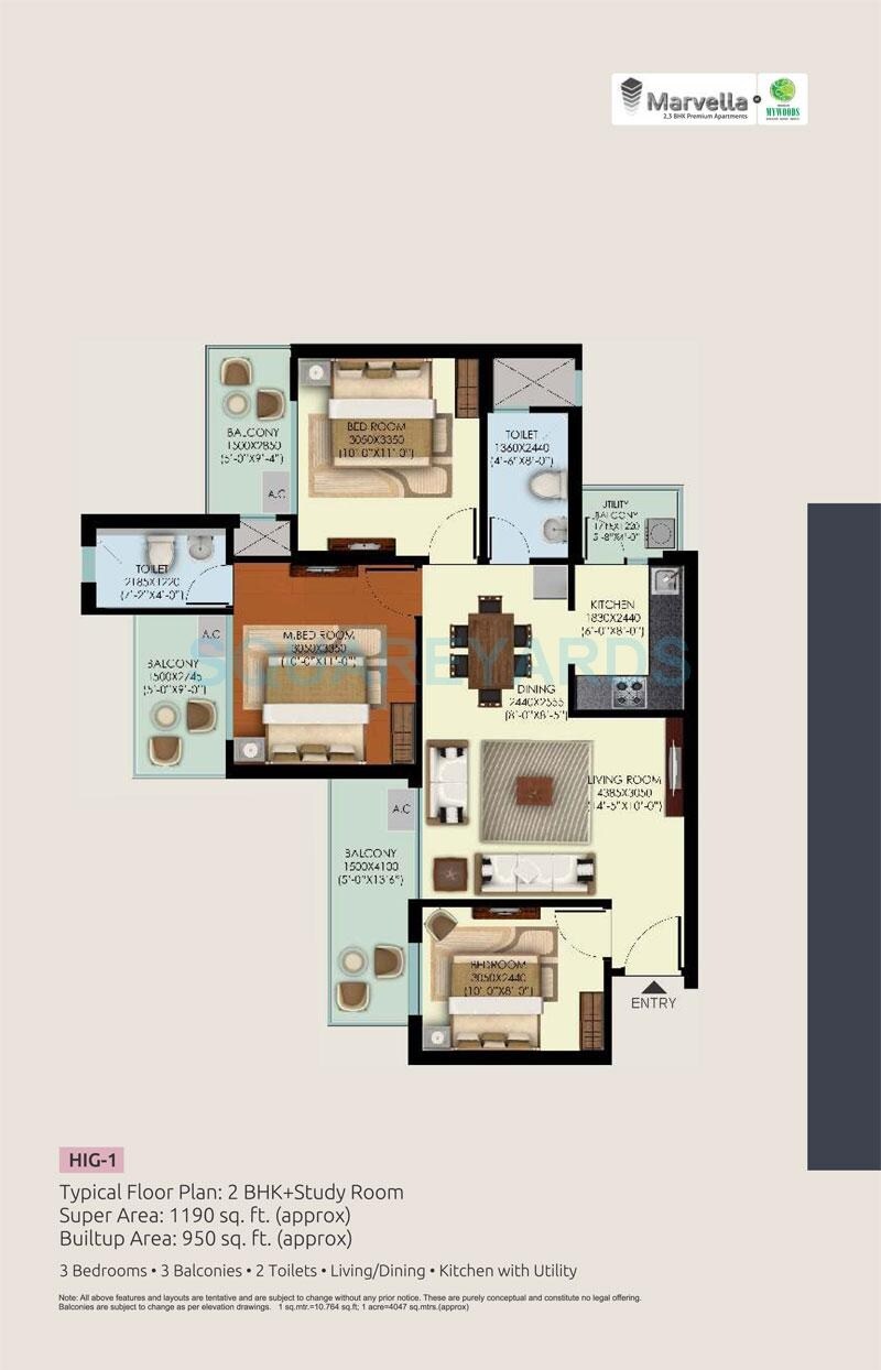 Floor plan of 2 BHK 1190 Sq. Ft. Apartment in Mahagun My Woods, Greater Noida