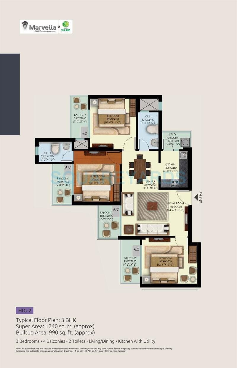 Floor plan of 3 BHK 1240 Sq. Ft. Apartment in Mahagun My Woods, Greater Noida