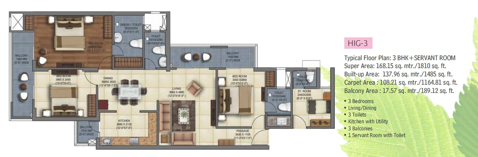 Floor plan of 3 BHK 1810 Sq. Ft. Apartment in Mahagun My Woods, Greater Noida