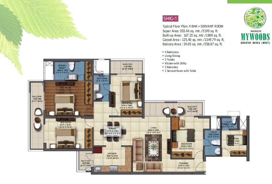Floor plan of 4 BHK 2190 Sq. Ft. Apartment in Mahagun My Woods, Greater Noida