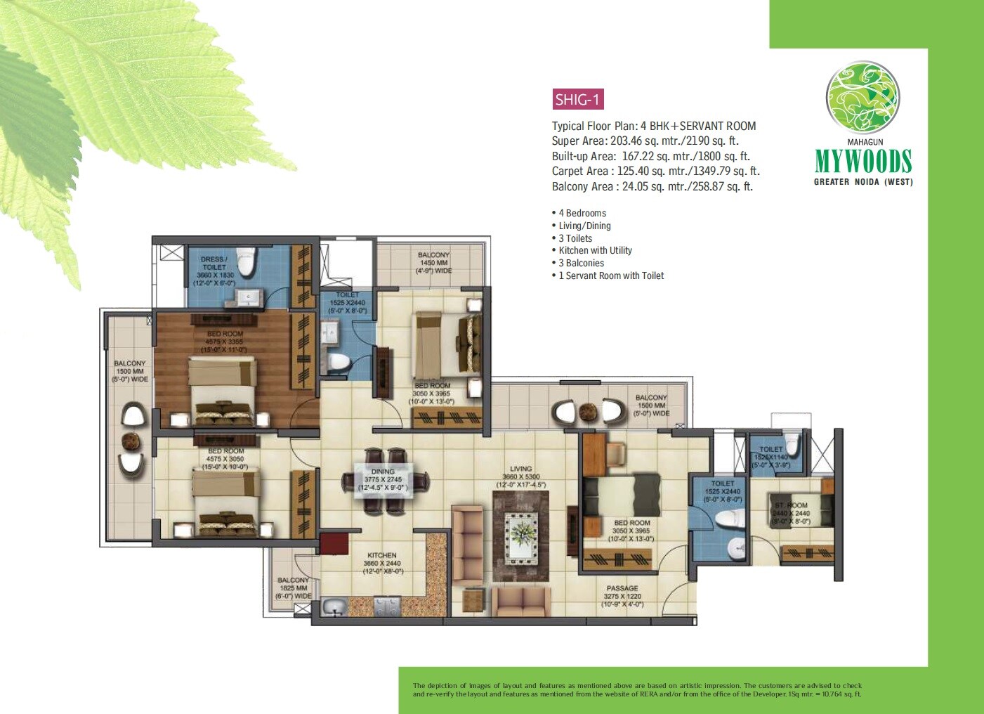 Floor plan of 4 BHK 2190 Sq. Ft. Apartment in Mahagun Mywoods, Greater Noida