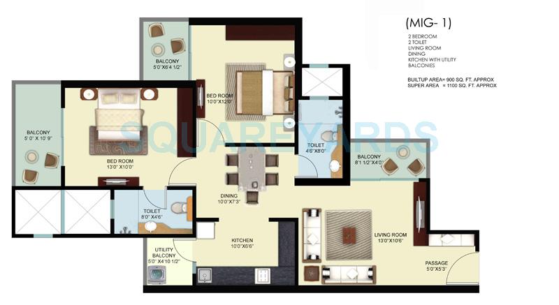 Floor plan of 2 BHK 1100 Sq. Ft. Apartment in Mahagun Mywoods II, Greater Noida
