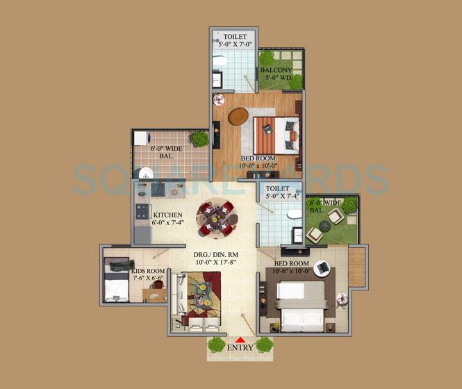 Floor plan of 2 BHK 1050 Sq. Ft. Apartment in Migsun Green Mansion, Greater Noida