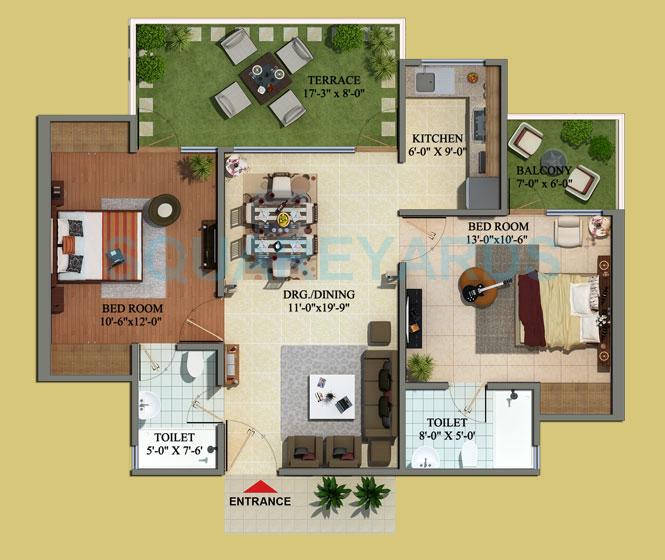 Floor plan of 2 BHK 1275 Sq. Ft. Apartment in Migsun Green Mansion, Greater Noida
