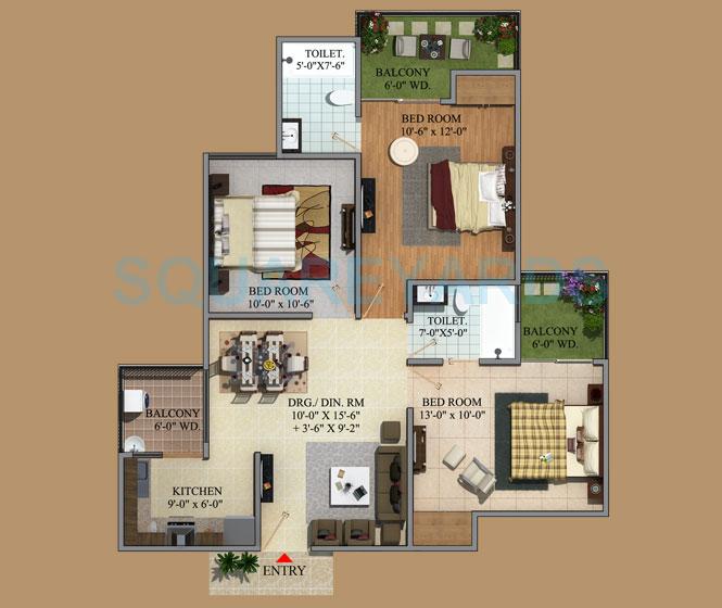 Floor plan of 3 BHK 1297 Sq. Ft. Apartment in Migsun Green Mansion, Greater Noida