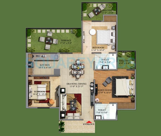 Floor plan of 3 BHK 1515 Sq. Ft. Apartment in Migsun Green Mansion, Greater Noida