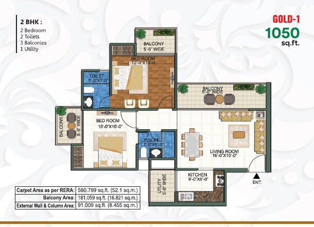 Floor plan of 2 BHK 1050 Sq. Ft. Apartment in Mangalya Novena Green, Greater Noida