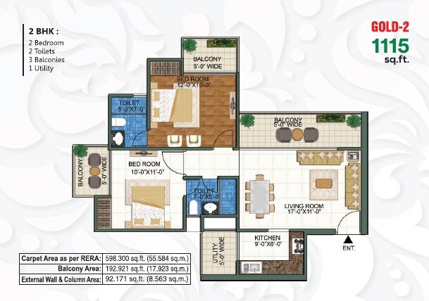 Floor plan of 2 BHK 1115 Sq. Ft. Apartment in Mangalya Novena Green, Greater Noida