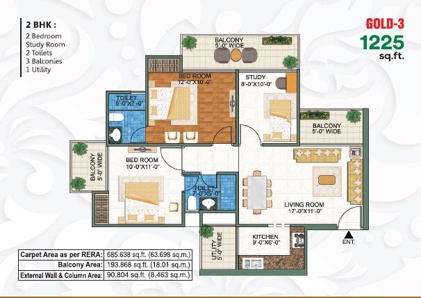 Floor plan of 2 BHK 1225 Sq. Ft. Apartment in Mangalya Novena Green, Greater Noida