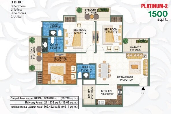 Floor plan of 3 BHK 1500 Sq. Ft. Apartment in Mangalya Novena Green, Greater Noida