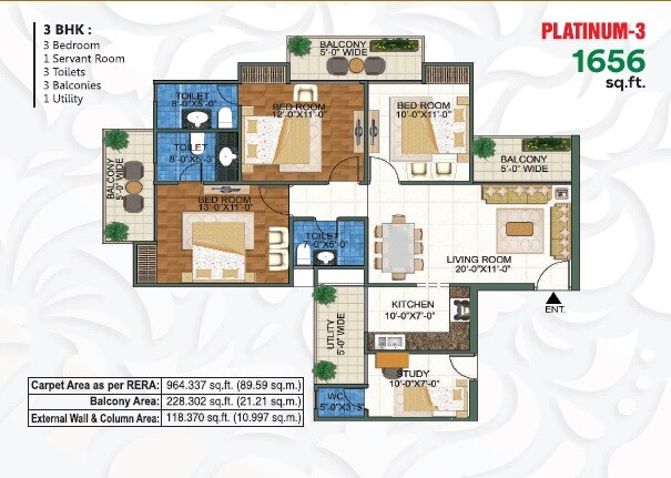 Floor plan of 3 BHK 1656 Sq. Ft. Apartment in Mangalya Novena Green, Greater Noida