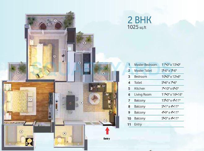 Floor plan of 2 BHK 1025 Sq. Ft. Apartment in Mangalya Ophira, Greater Noida