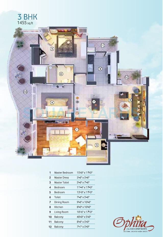 Floor plan of 3 BHK 1455 Sq. Ft. Apartment in Mangalya Ophira, Greater Noida