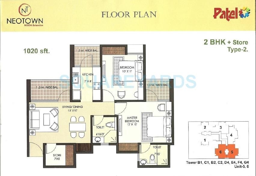 Floor plan of 2 BHK 1020 Sq. Ft. Apartment in Mascot Patel Neotown, Greater Noida